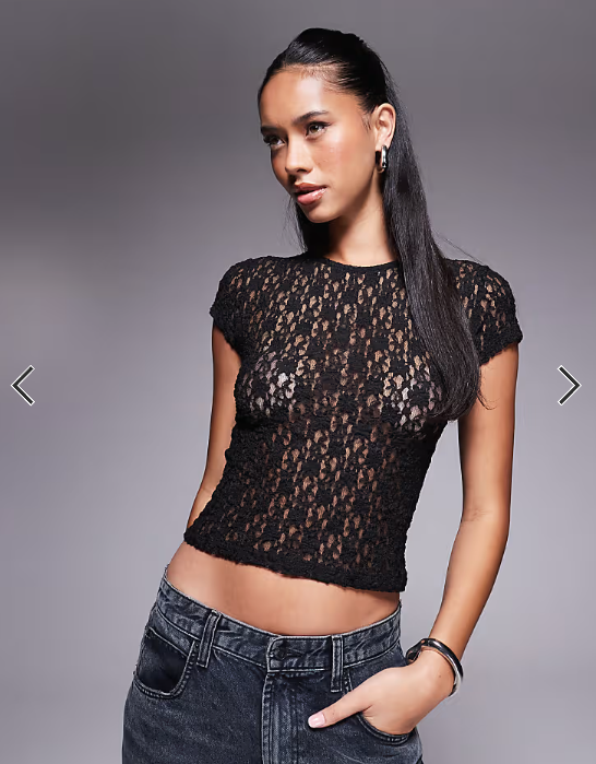 ASOS DESIGN lace short sleeve semi sheer baby tee in black