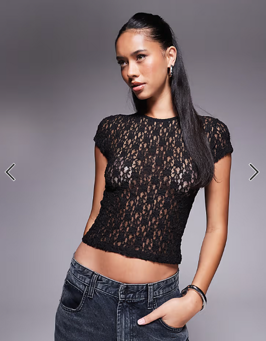 ASOS DESIGN lace short sleeve semi sheer baby tee in black