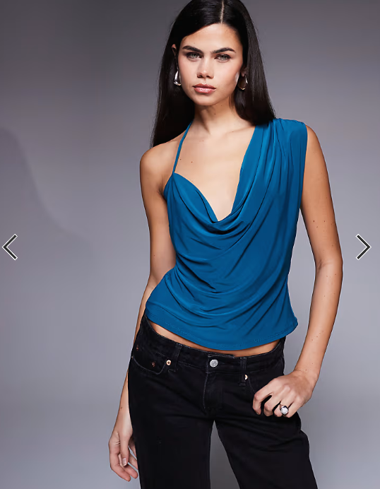 ASOS DESIGN slinky asymmetric cowl neck top in teal