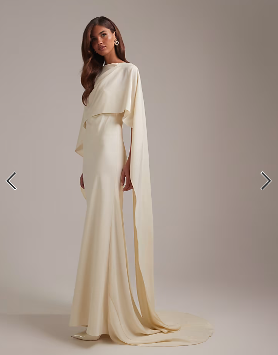 ASOS DESIGN cape overlay low back maxi wedding dress in ivory