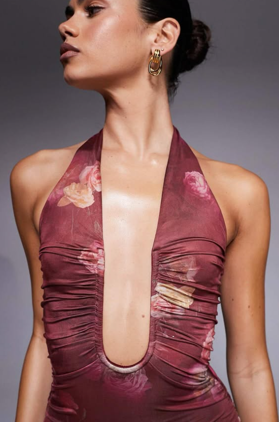 Oh Polly Ornella plunge halter neck midi dress in maroon floral