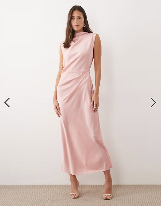 ASOS DESIGN satin high neck pleated bodice midi dress in dusty rose