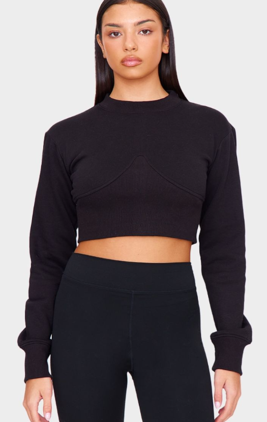 Black Rib Cinched Waist Detail Cropped Sweatshirt