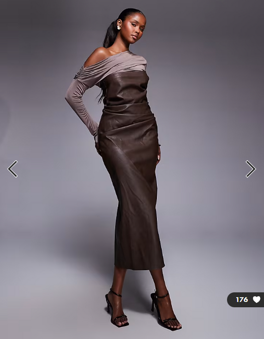 ASOS DESIGN fallen shoulder PU bandeau midi dress in chocolate