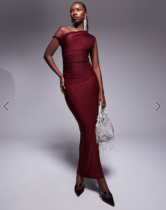 Kaiia exclusive double layered slinky twist off shoulder bodycon maxi dress in burgundy