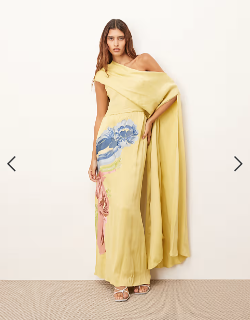 ARRANGE distorted floral embroidered fallen shoulder drape maxi dress in olive