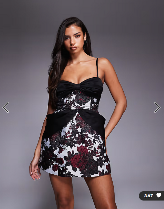 ASOS LUXE red floral jacquard mini dress with satin drape detail and detachable straps