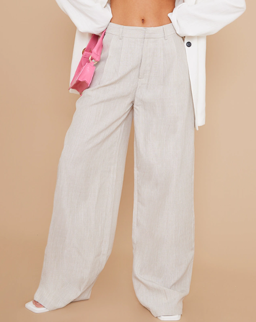 Stone Woven Linen Feel Tailored High Waist Wide Leg Trousers