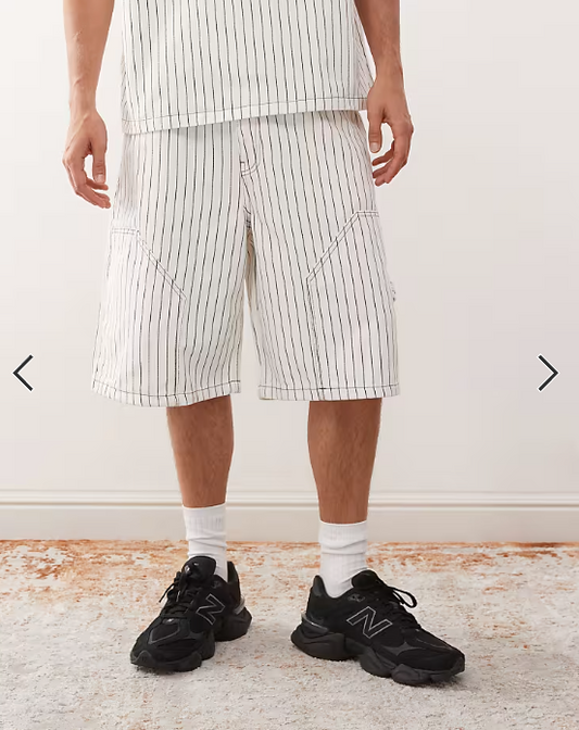 Reclaimed Vintage denim pinstripe carpenter shorts in white and brown