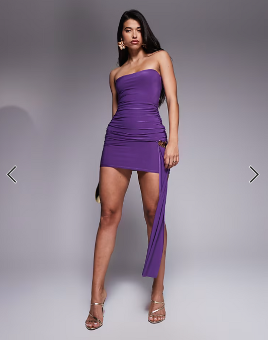 Kaiia exclusive double layered slinky gold hardware drape detail mini dress in violet