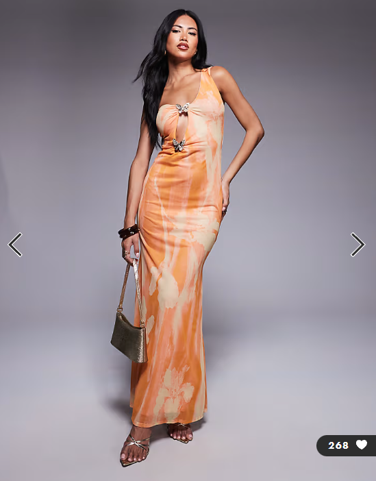 ASOS DESIGN mesh asymmetric one shoulder midi dress with gold butterfly trims in floral print