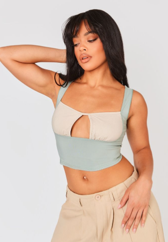 Light Khaki Stretch Woven Cut Out Contrast Bust Crop Top