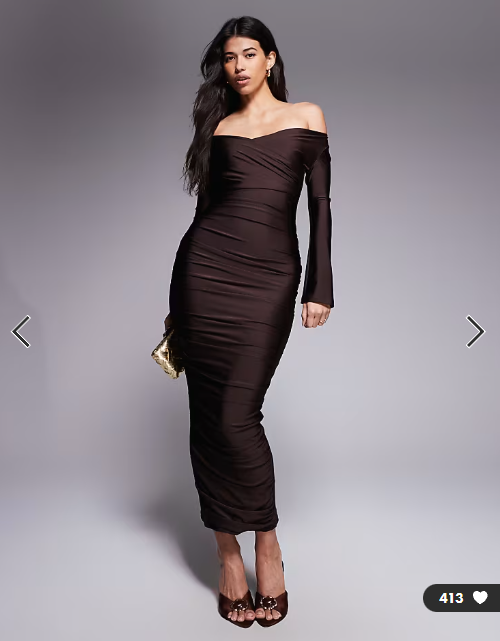 Ruched & Ready You Wish sculpted high shine off shoulder sweetheart neck maxi dress in chocolate