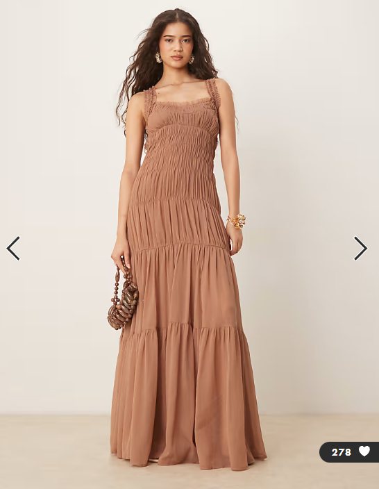 ASOS DESIGN shirred tiered ruffle trim maxi dress in mauve