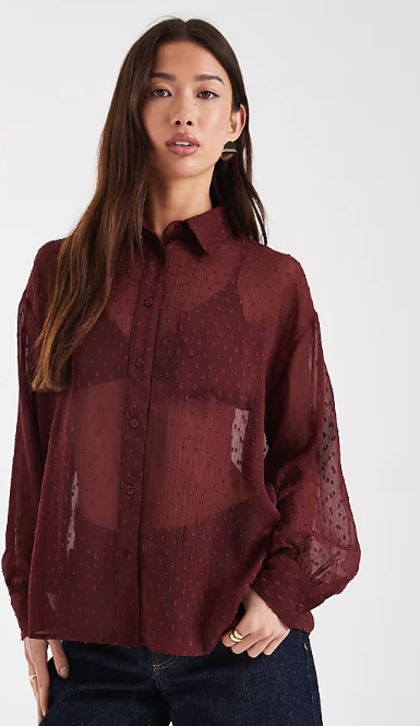 ASOS DESIGN sheer dobby detail shirt in burgundy