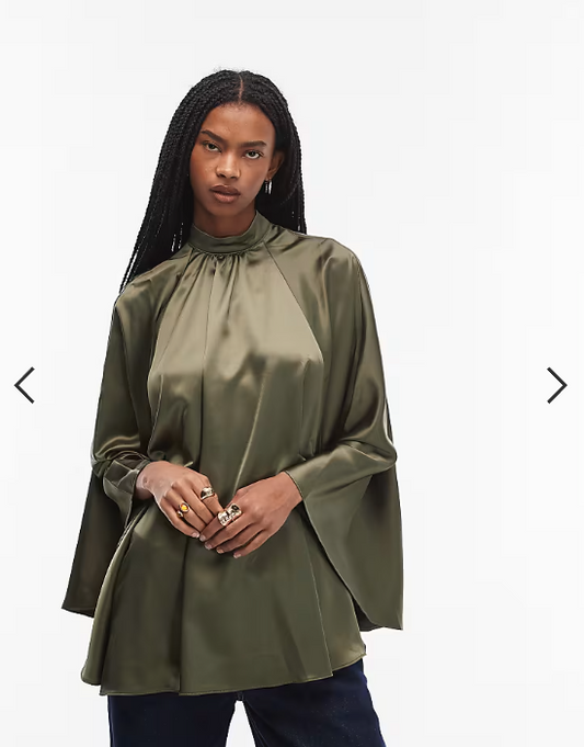 ASOS DESIGN satin volume cape top in dark khaki
