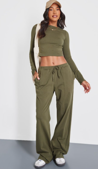 Olive Cotton Jersey Wide Leg Trousers