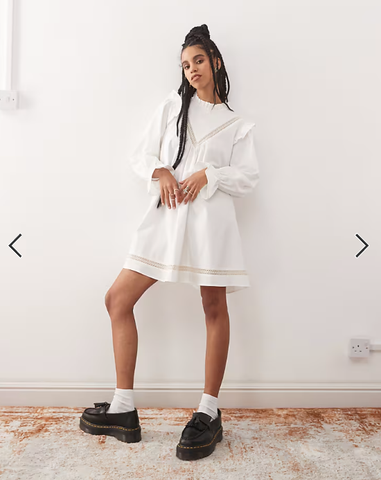 Reclaimed Vintage mini smock dress with inserted lace trims and ruffles in white