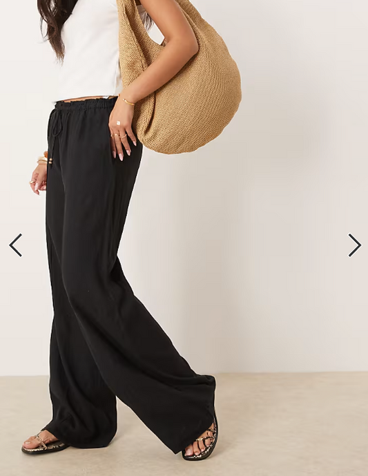 Mango linen mix drawstring straight trouser in black