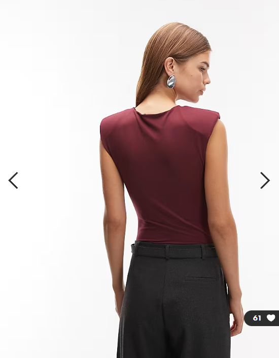 ASOS DESIGN slinky sleeveless shoulder pad bodysuit in burgundy