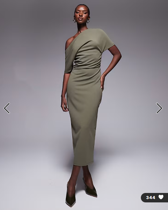 ASOS DESIGN pleated shoulder pencil midi dress in khaki