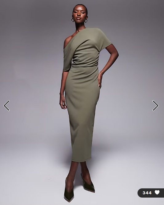 ASOS DESIGN pleated shoulder pencil midi dress in khaki