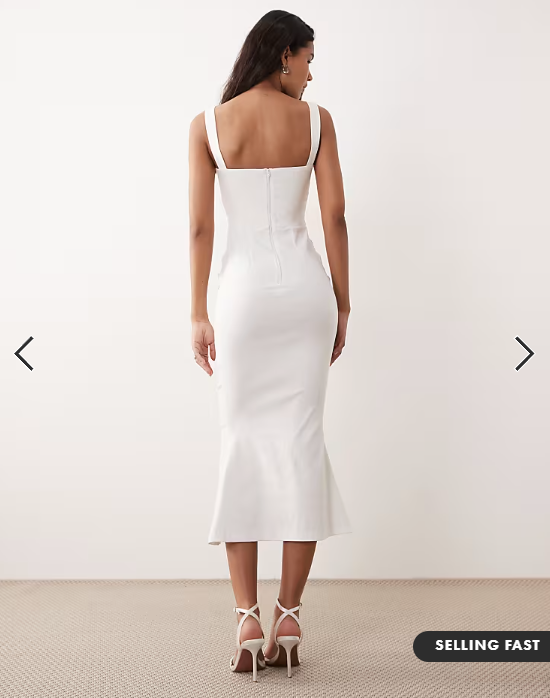 Vesper bengaline sleeveless square neck fishtail midi dress in white