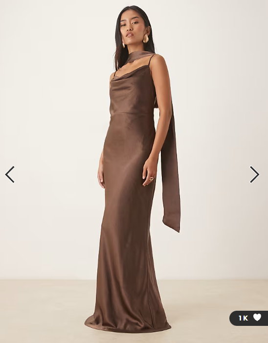 Pretty Lavish Bridesmaid Keisha satin cowl neck maxi dress with scarf in chocolate brown