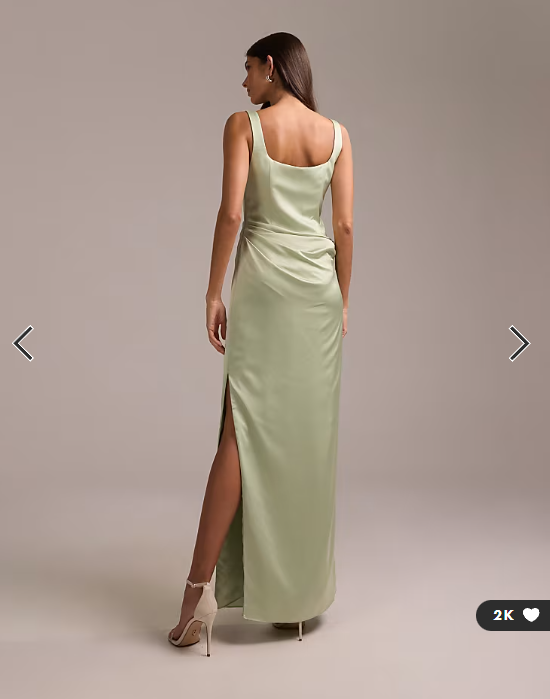 ASOS DESIGN bridesmaids square neck satin maxi dress with asymmetric skirt overlay in sage green