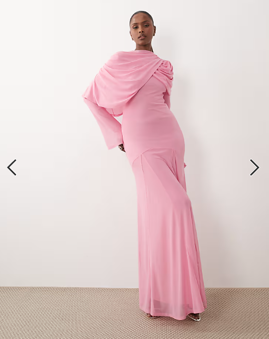 ASOS DESIGN modesty mesh maxi dress with overlay draped neckline detail in pink