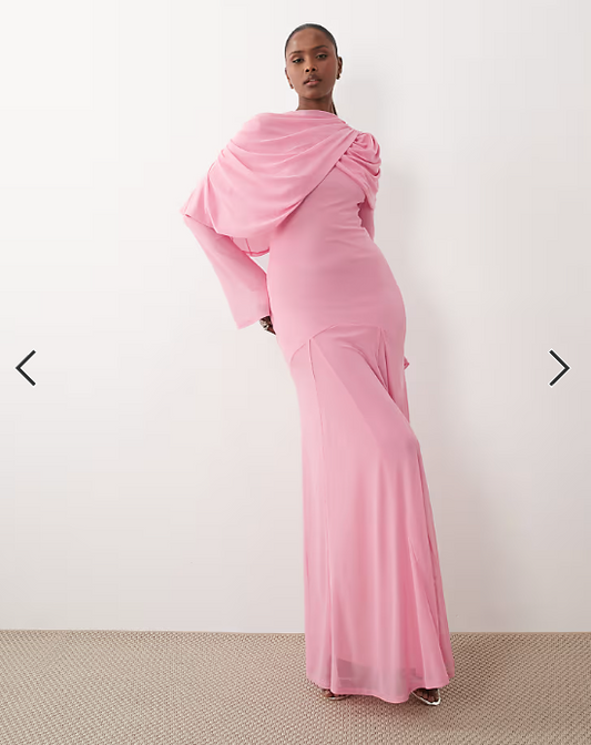 ASOS DESIGN modesty mesh maxi dress with overlay draped neckline detail in pink
