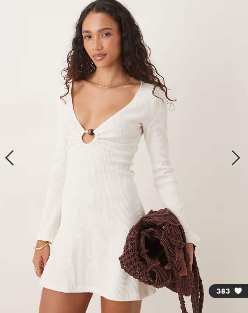 ASOS DESIGN crochet long sleeve hardware detail mini dress in neutral