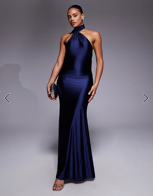 Rare London stretch satin asymmetric scarf detail maxi dress in navy