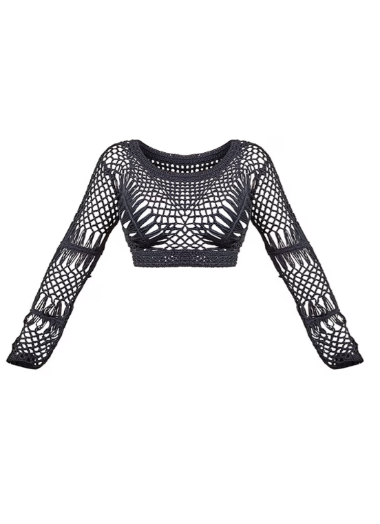 Plt - Petite Black Crochet Long Sleeve Crop Top