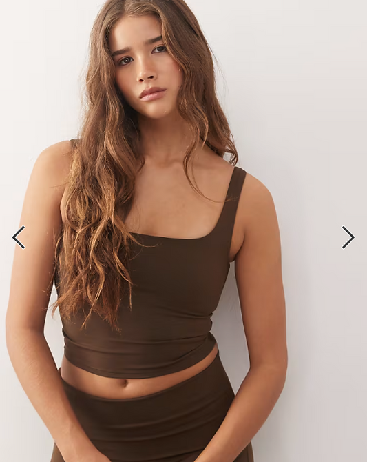 Weekday mix and match sports double layer seamless stretch square neck top in dark brown