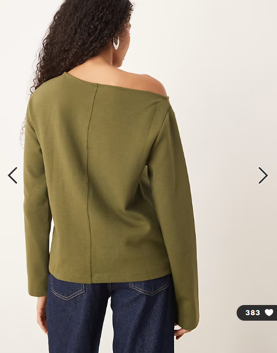 ASOS DESIGN interlock front seam off the shoulder long sleeve t-shirt in khaki