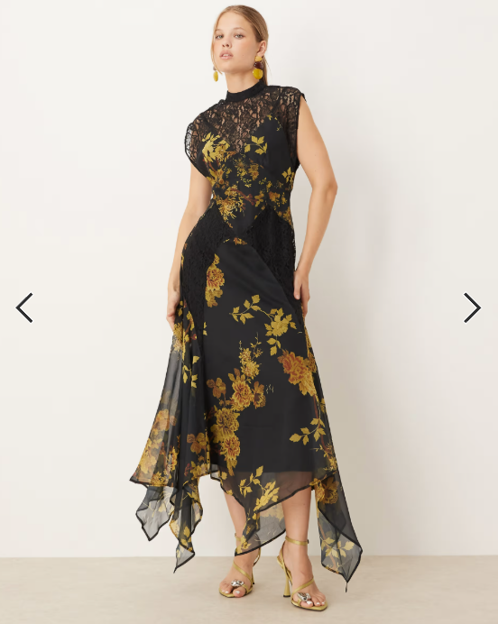 ASOS DESIGN seamed high neck lace detail midi dress in dark yellow floral print