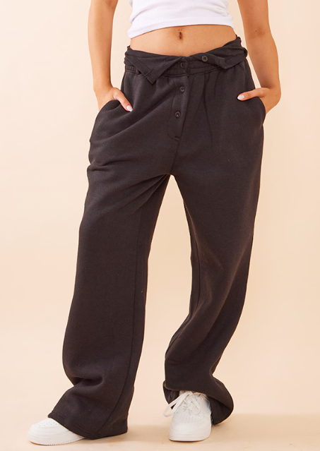 Black Rib Turnover Waistband Wide Leg Joggers