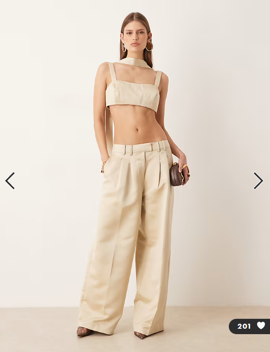 ASOS DESIGN tailored satin pleat detail wide leg pants in oyster