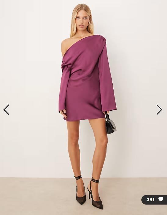 ASOS DESIGN satin drape long sleeve off shoulder mini dress in plum