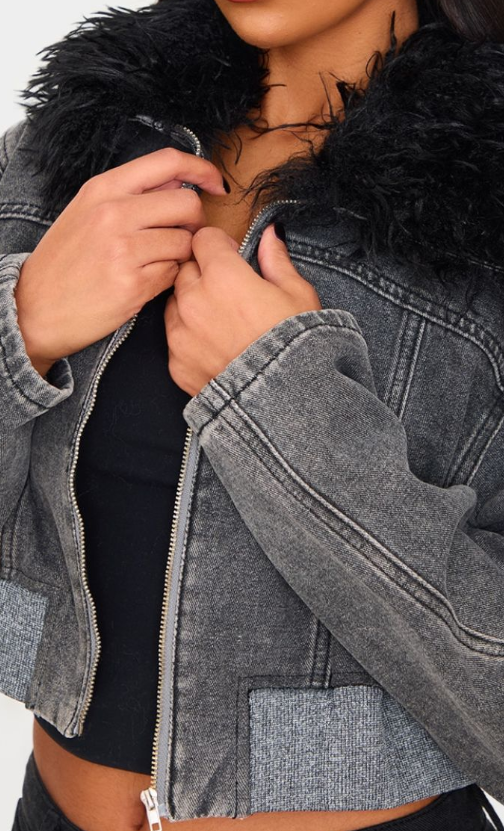 Plt - Grey Faux Fur Collar Zip Up Denim Bomber Jacket