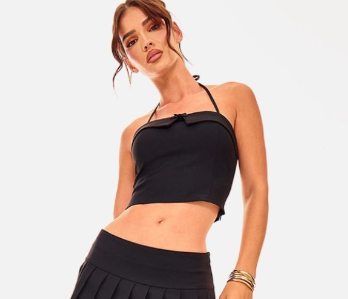 Black Bow Detail Tie Neck Halterneck Crop Top