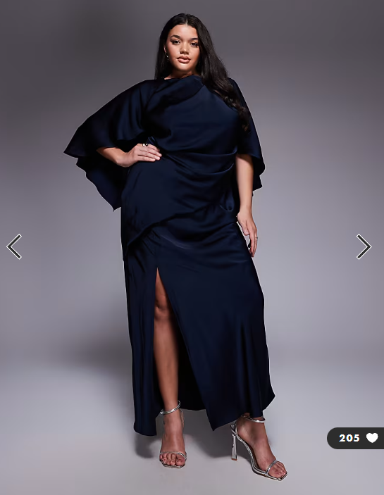 ASOS DESIGN Curve satin ruffle cape sleeve maxi dress with open back detail and high split in navy