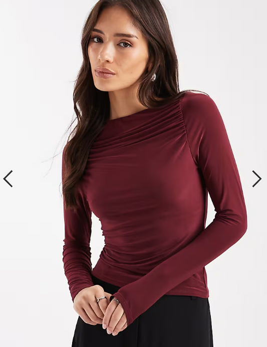 ASOS DESIGN slinky long sleeve top with ruched boat neck in berry
