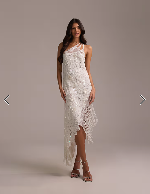 Asos - embellished one shoulder cutwork midi dress with asymmetric fringe hem in white