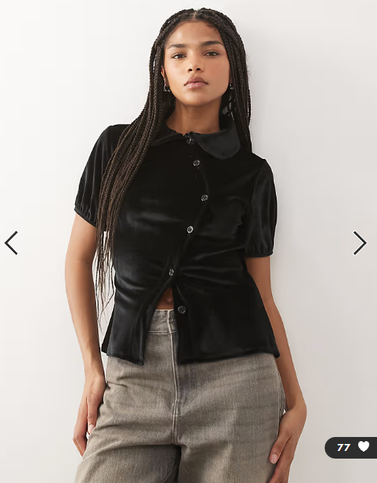 Reclaimed Vintage neat fit velvet shirt with asymmetric buttons and puff sleeve in black