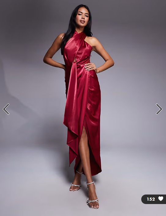 TFNC halter neck dress with wrap skirt in red satin