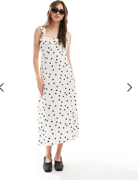 New Look ruffle sleeve cami midi dress in cream polka dot