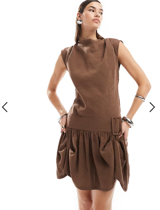 ASOS DESIGN cowl neck hitched hem cupro mini dress in brown