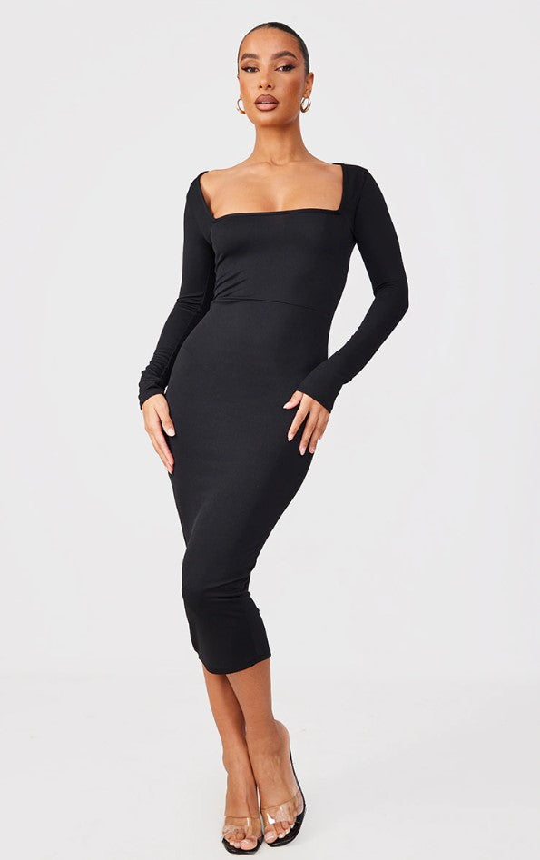 Black Square Neck Long Sleeve Midaxi Dress